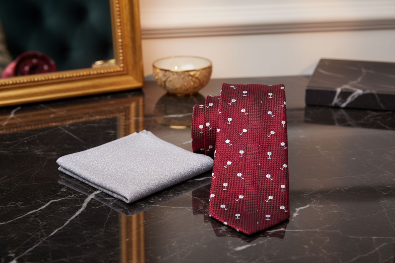 Alt View: Deep Red with Light Grey Wine Glasses Necktie and Silver Pocket Square