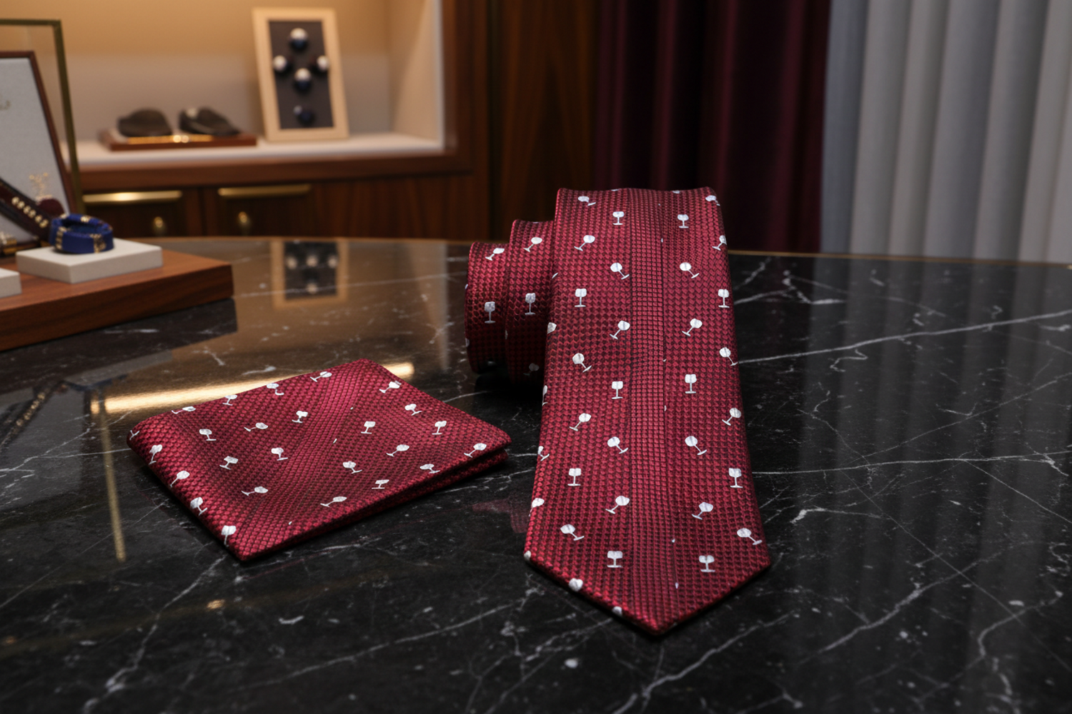 Alt View: Deep Red with Light Grey Wine Glasses Necktie and Matching Square