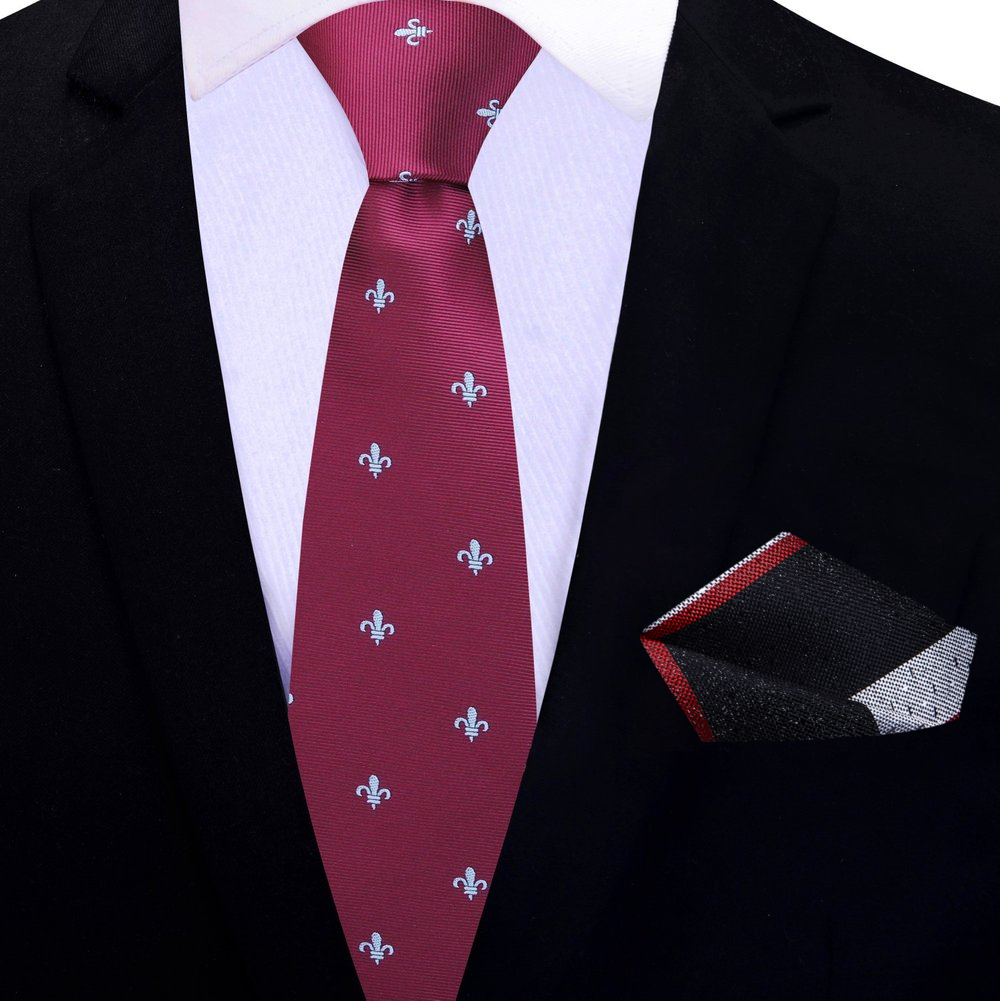 Thin Deep Red and Grey Fleur De Lis Silk Tie and Accenting Square 12 and Accenting Pocket Square