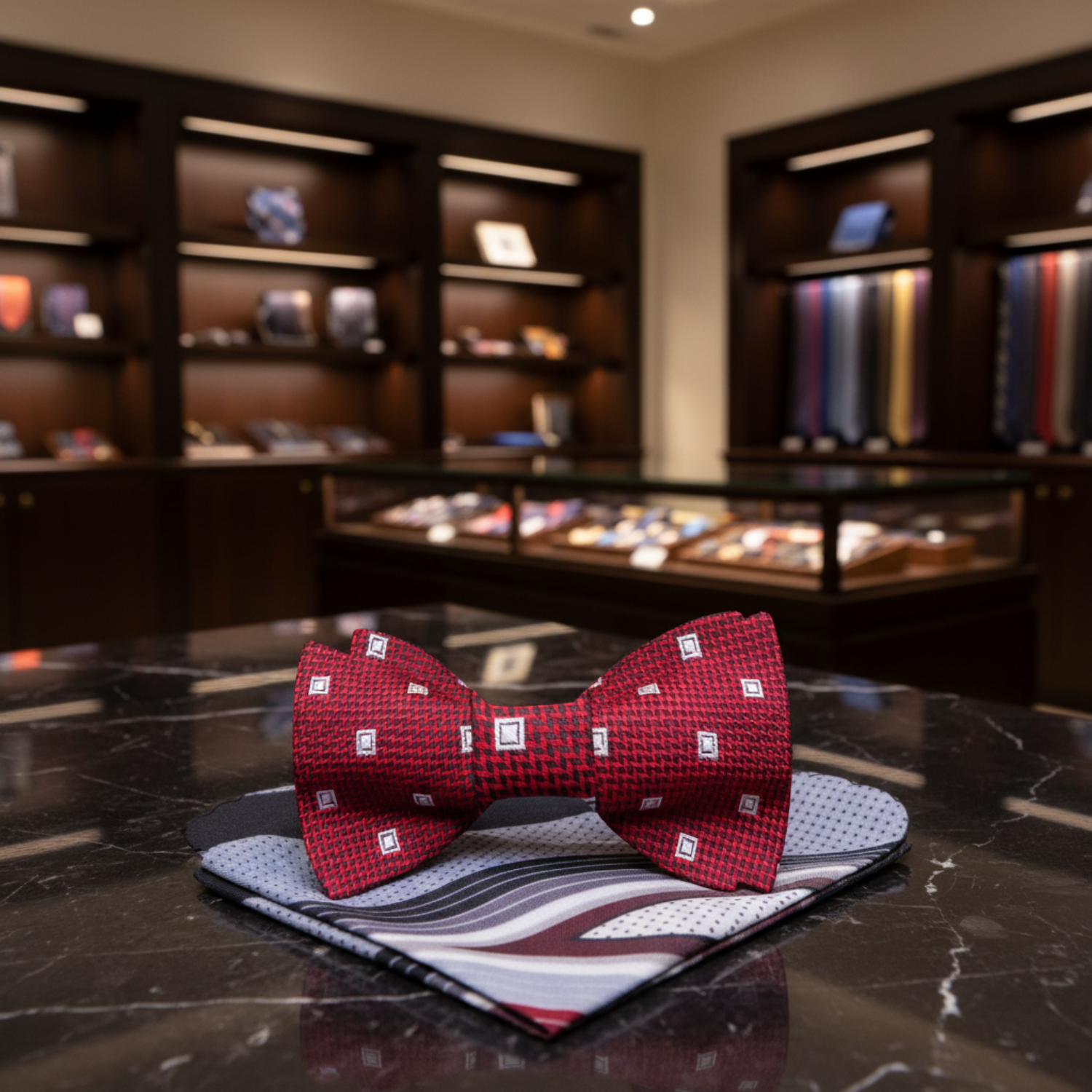 A Dark Red, Grey Geometric Diamond Stripe Pattern Self Tie Bow Tie, Accenting Pocket Square