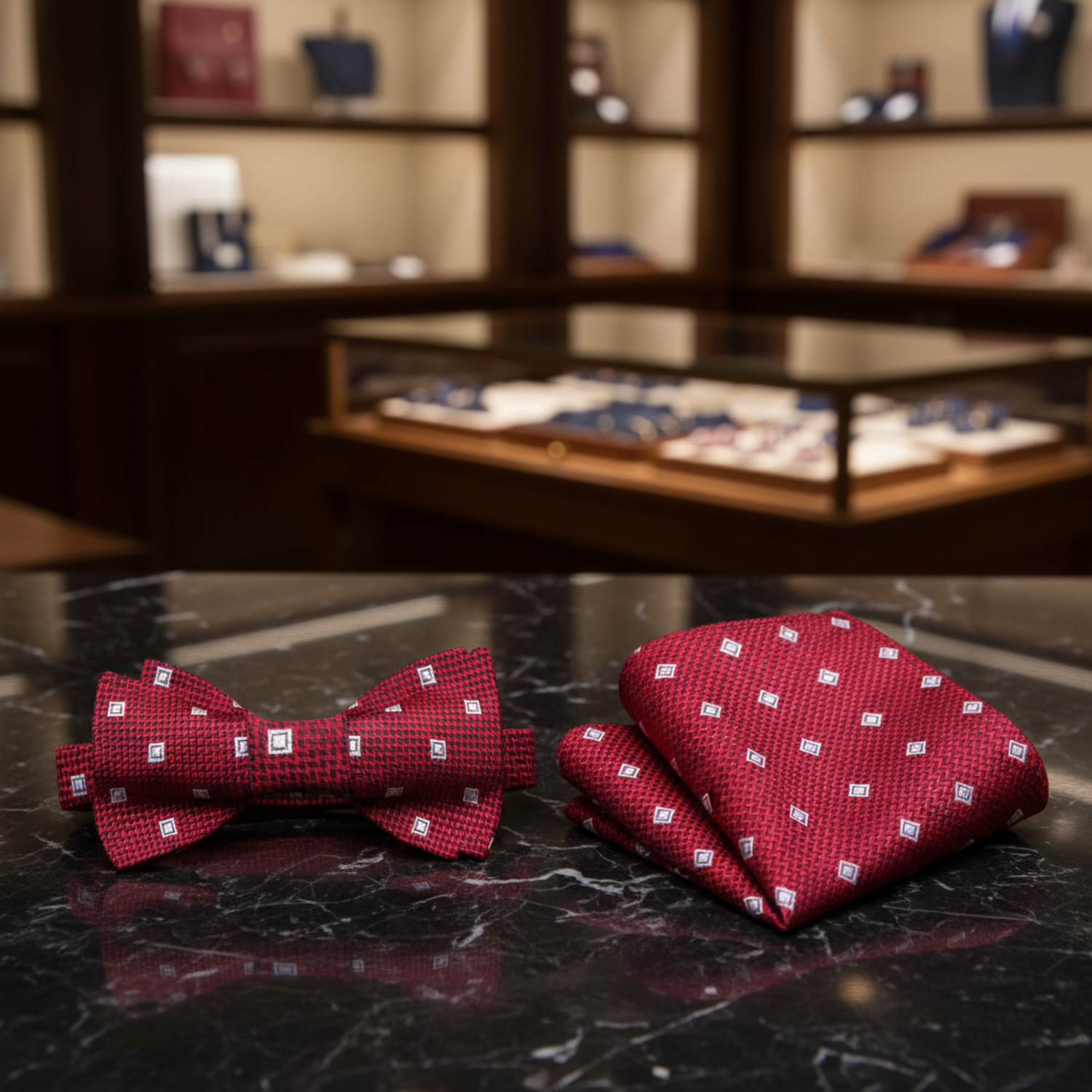 A Dark Red, Grey Geometric Diamond Stripe Pattern Self Tie Bow Tie, Matching Pocket Square