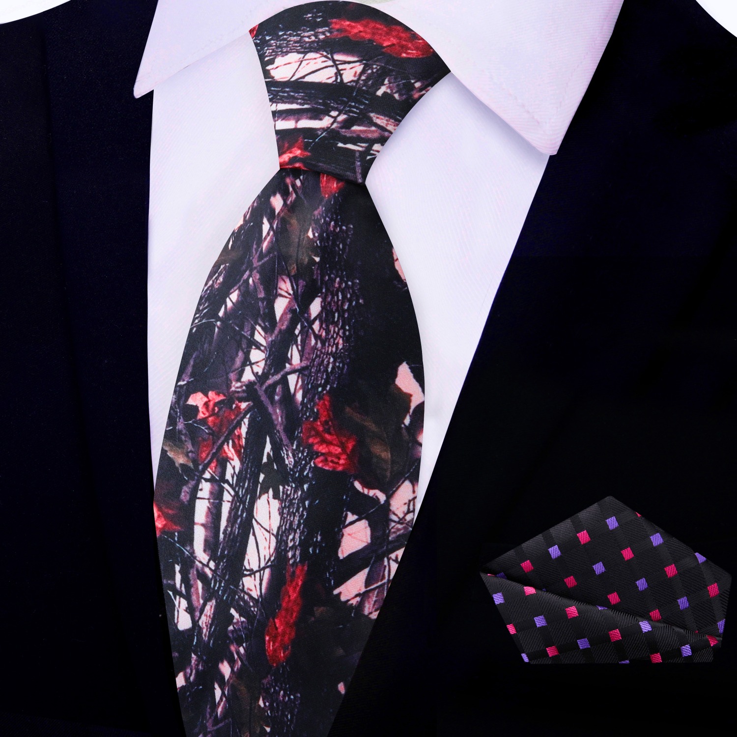 Main Pink, Red, Black Camo Necktie and Accenting Square