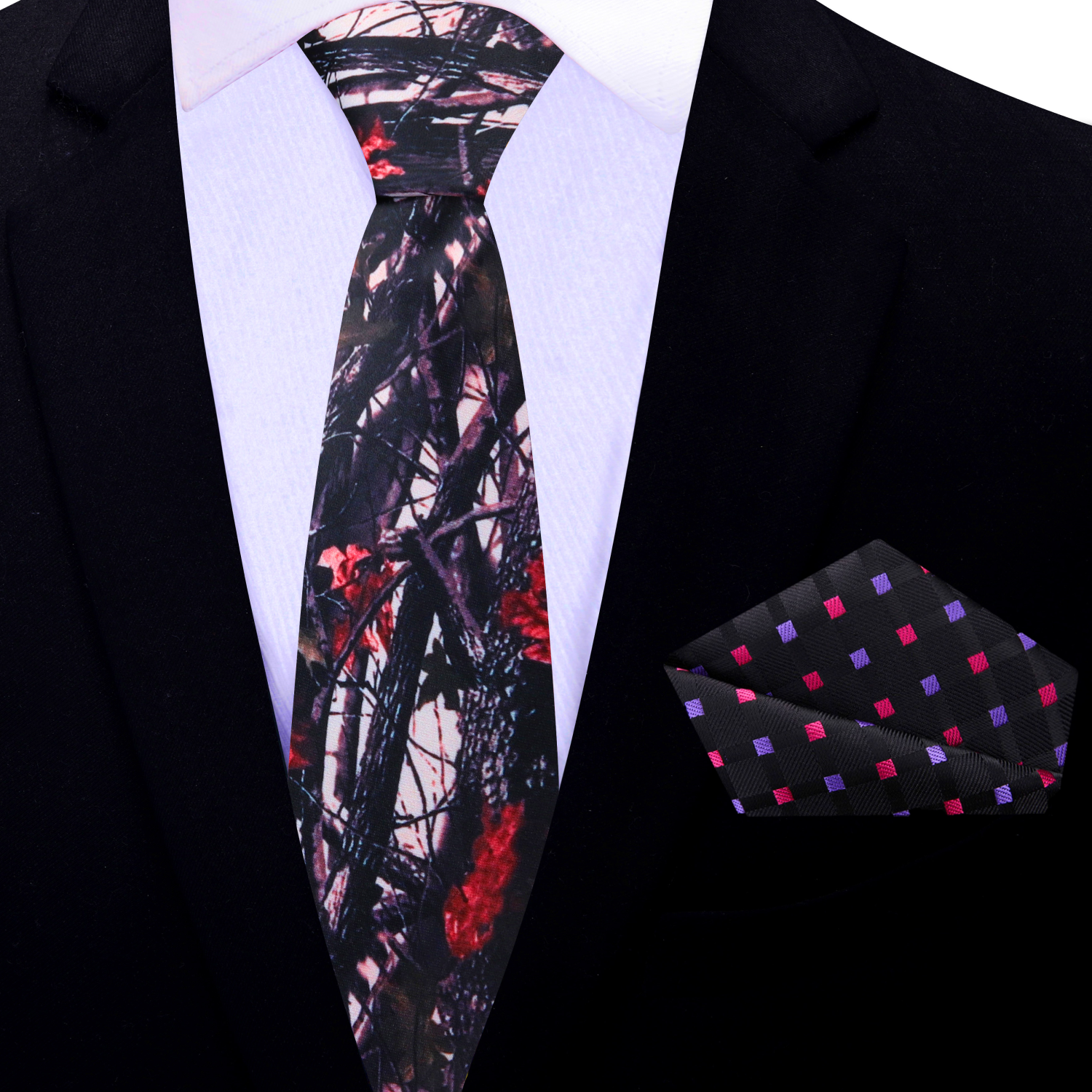 Thin Pink, Red, Black Camo Necktie and Accenting Square