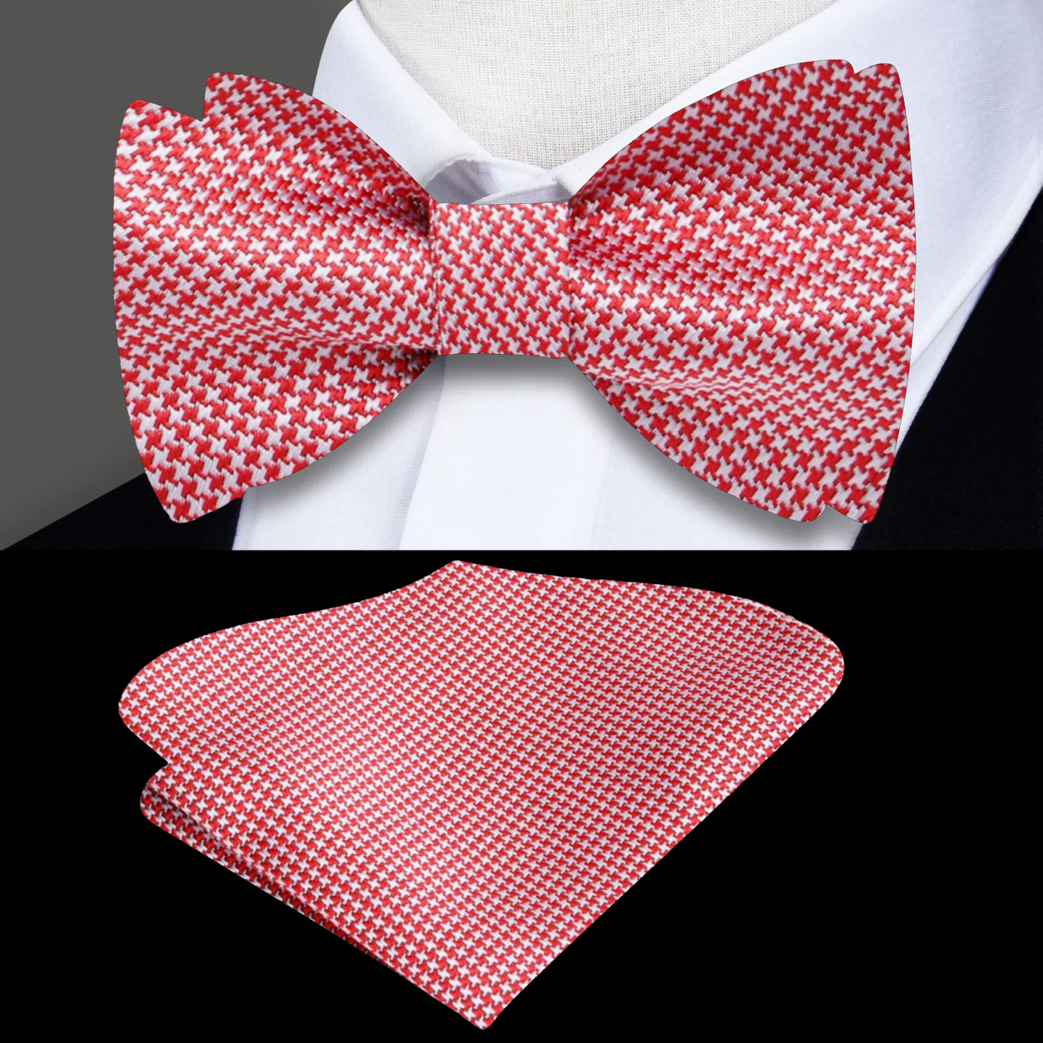 Red, White Geometric Bow Tie and Pocket Square