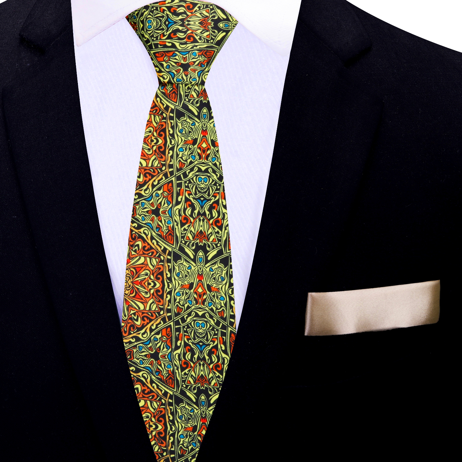 Orange, Red and Yellow Abstract Thin Tie and Light Brown Square