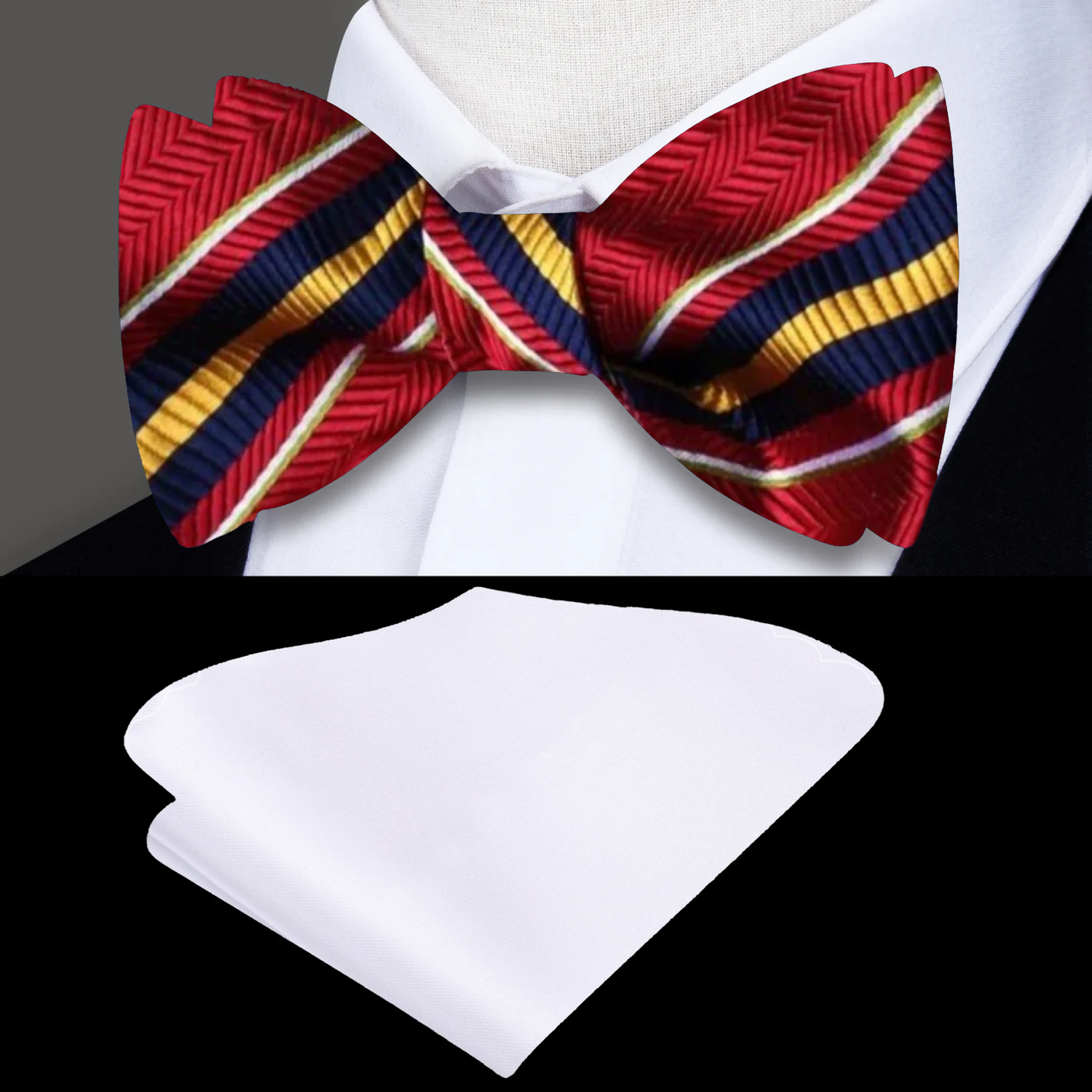 A Red, Yellow Stripe Pattern Self Tie Bow Tie, White Pocket Square