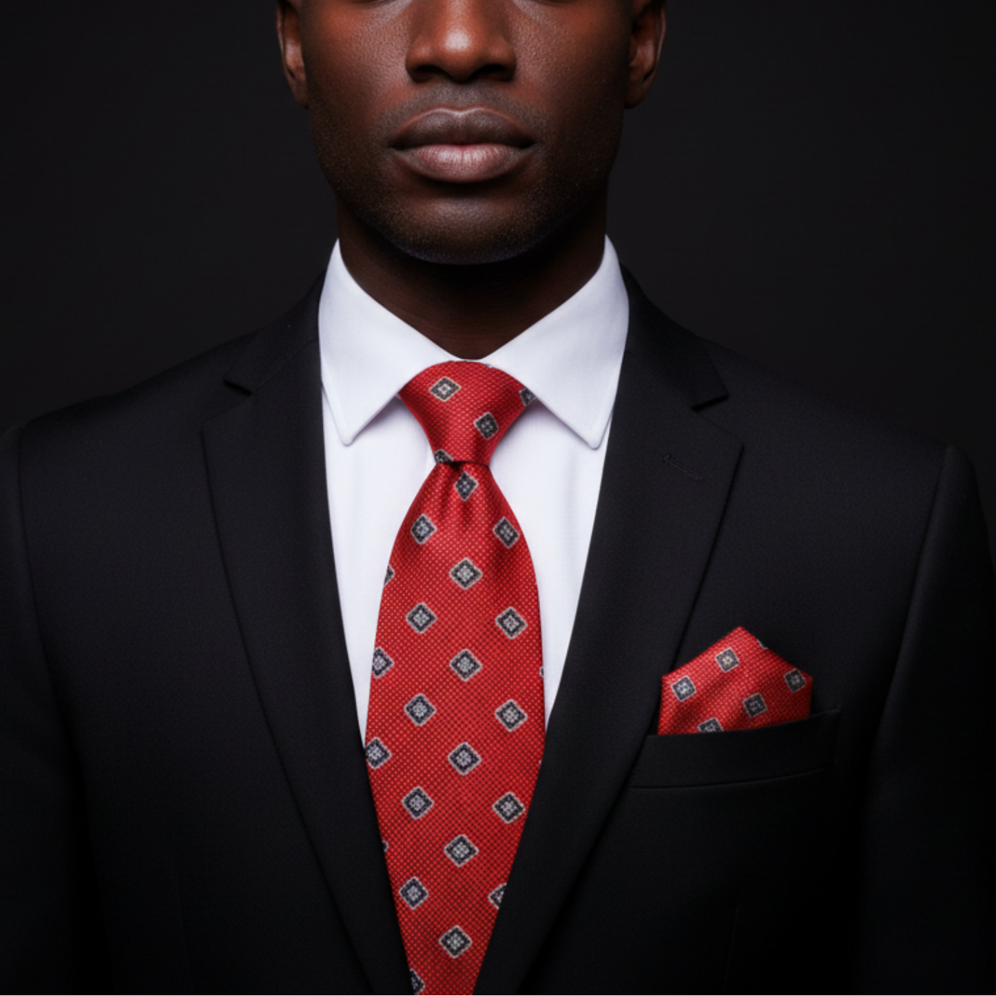 Man wearing a black suit with a red tie and pocket square on a dark background