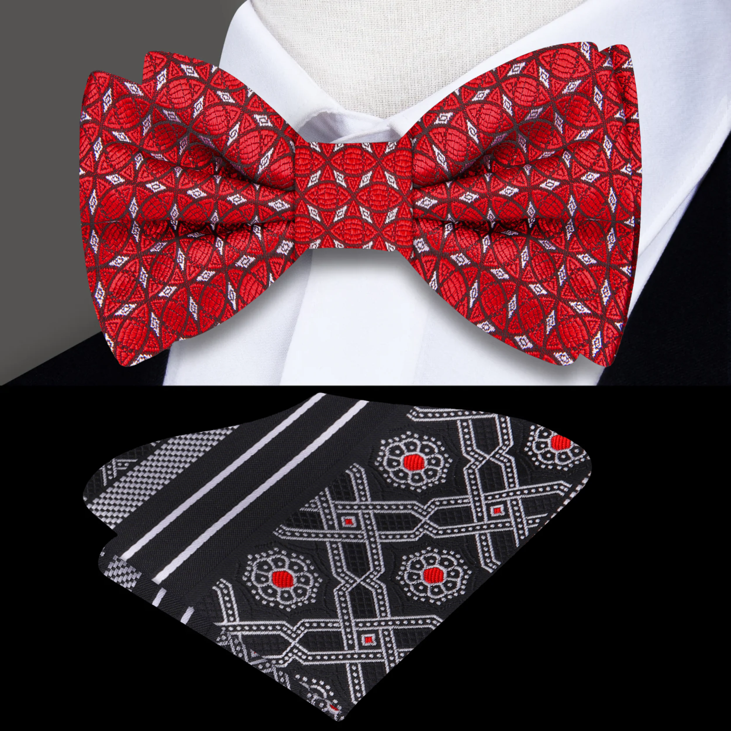 A Rich Red, Brown And Black Geometric Abstract Bow Tie, Red Grey Pocket Square