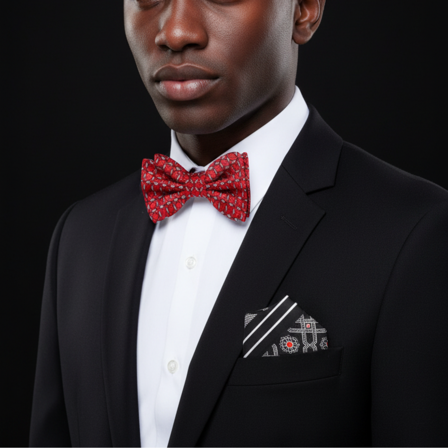 Crimson Red Black & Silver Geometric Bow Tie