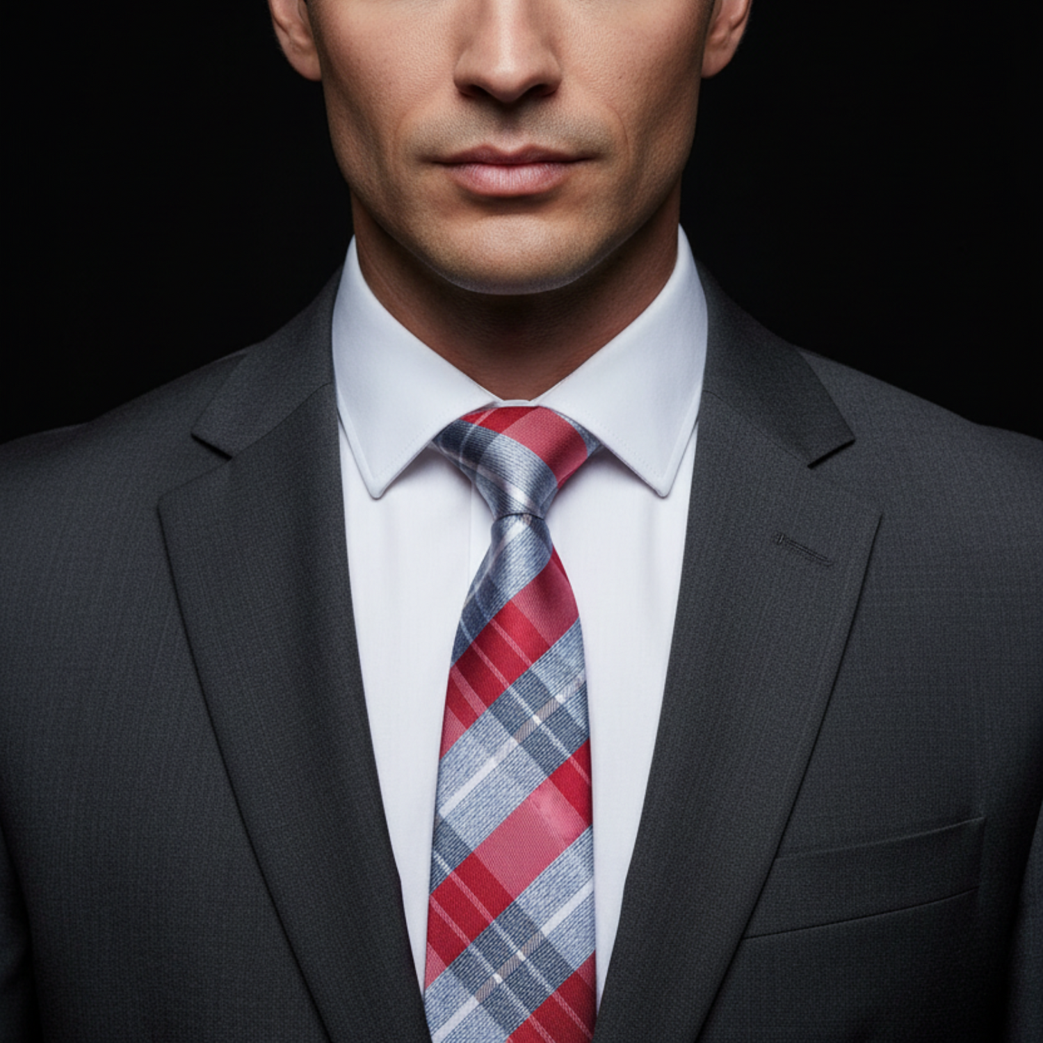 Man wearing a dark suit with a white shirt and red plaid tie against a black background