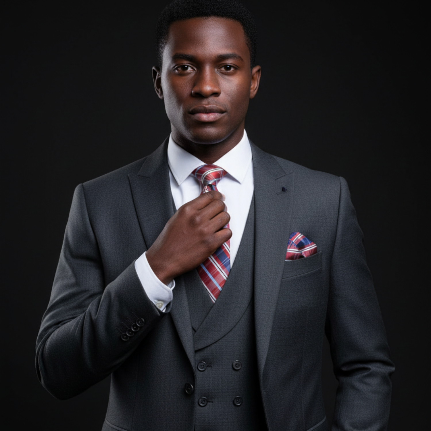 Man adjusting his tie in a gray suit with a black background