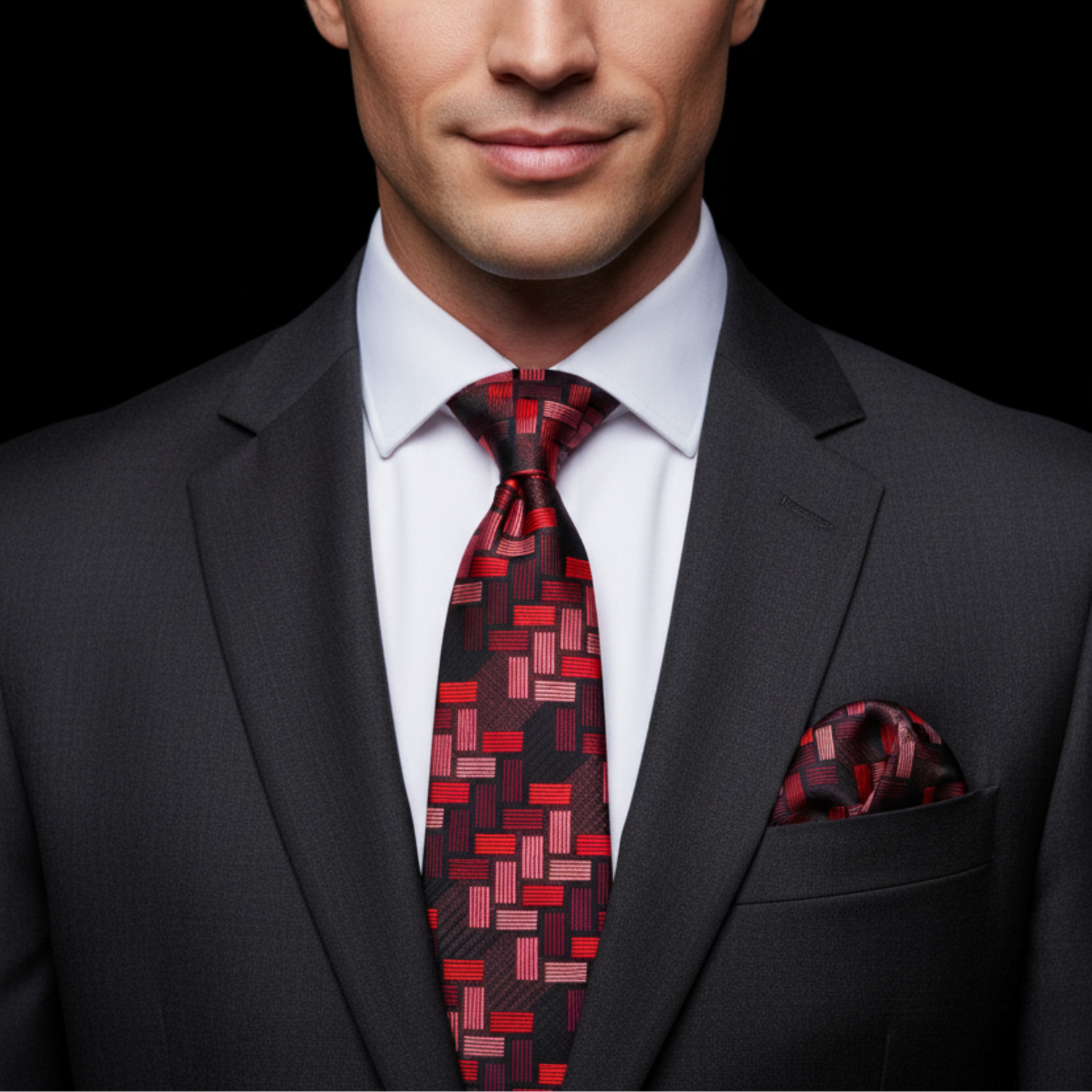 Man wearing a dark suit with a red patterned tie and pocket square on a black background