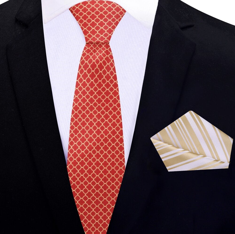 Coral Red & Gold Quatrefoil Geometric Necktie