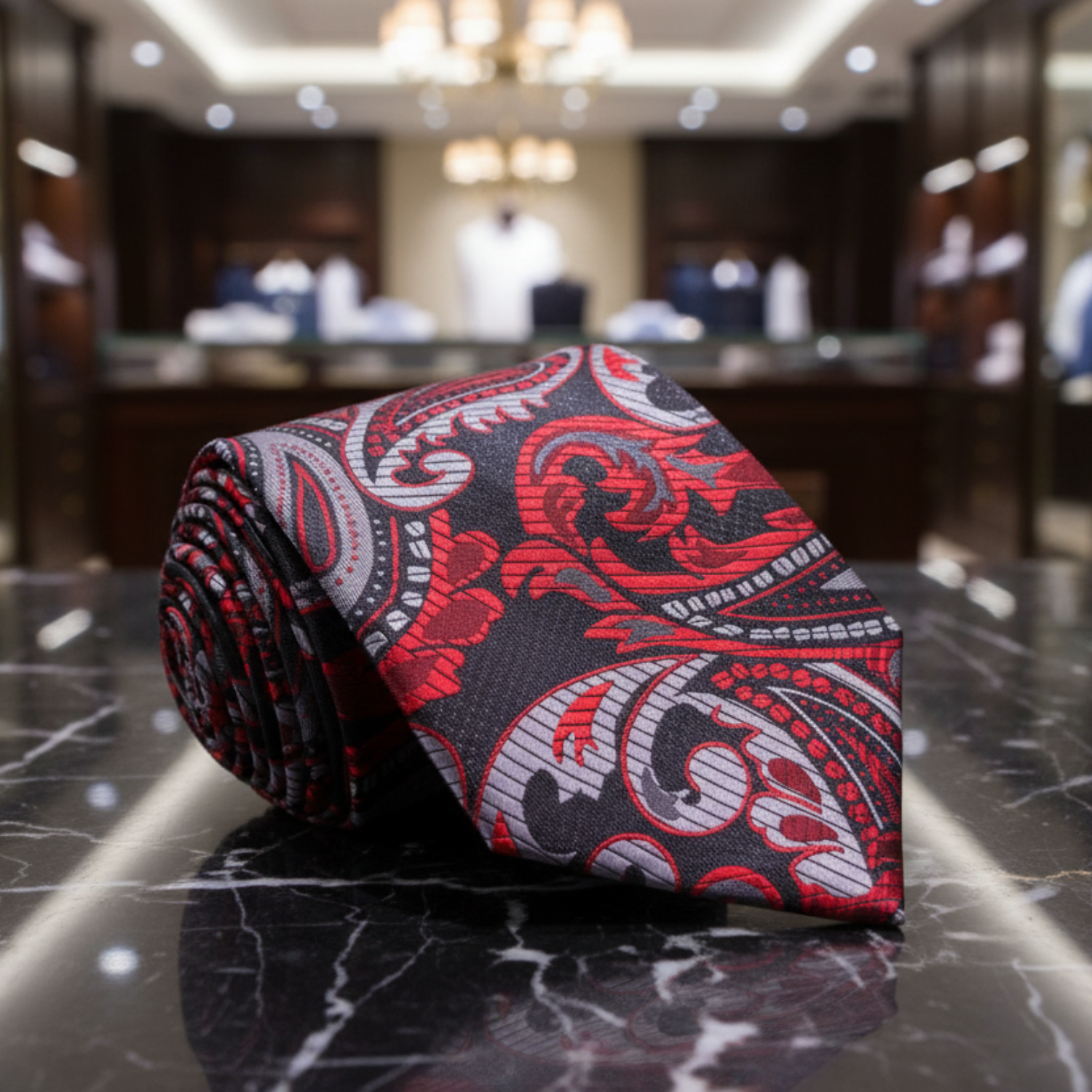 Red, Grey & Black Paisley Necktie | Timeless Sophistication with a Bold Edge