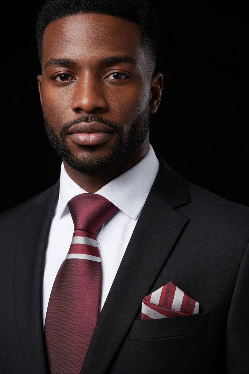 Man wearing a black suit with a red tie and pocket square against a black background
