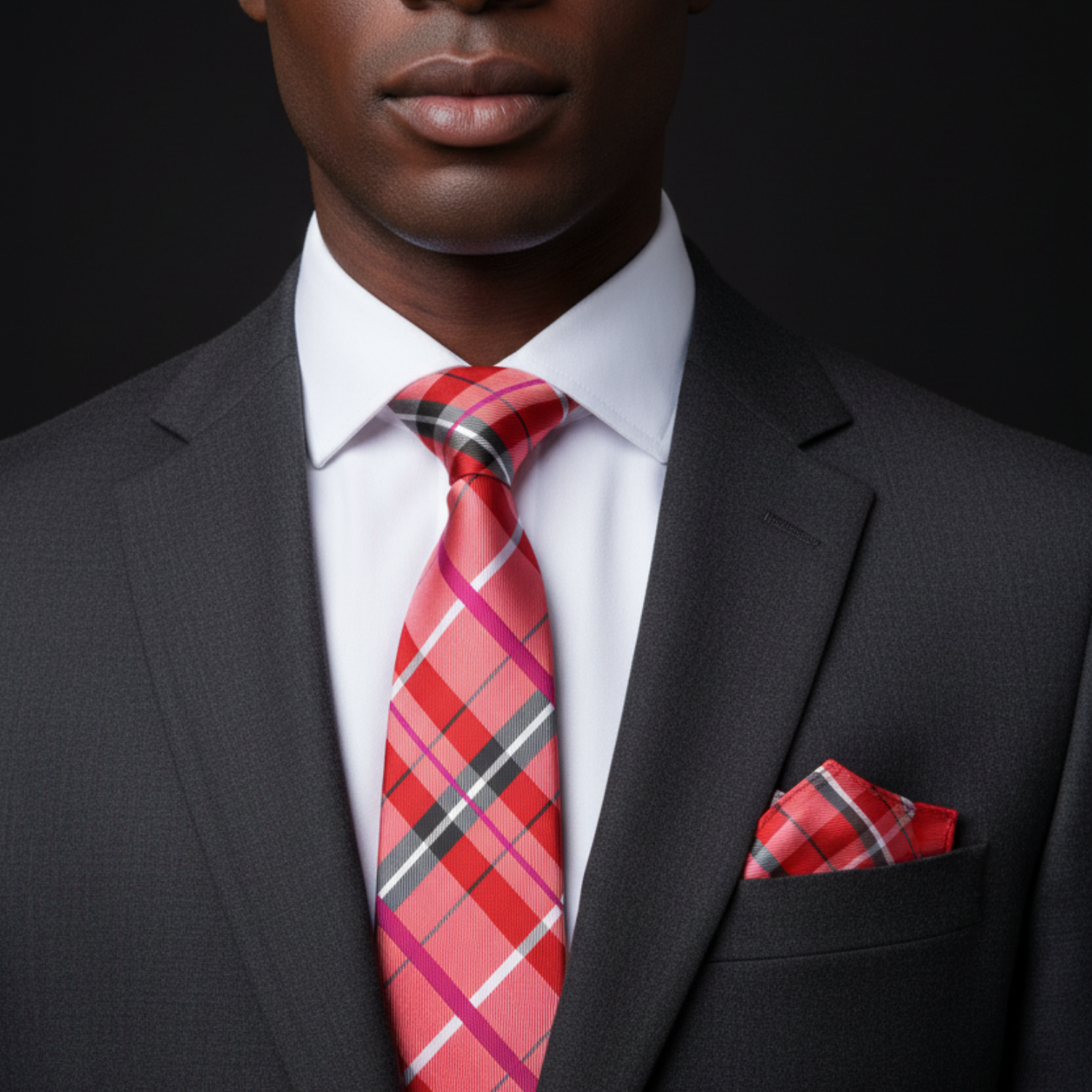 Man wearing a gray suit with a red plaid tie and pocket square on a black background