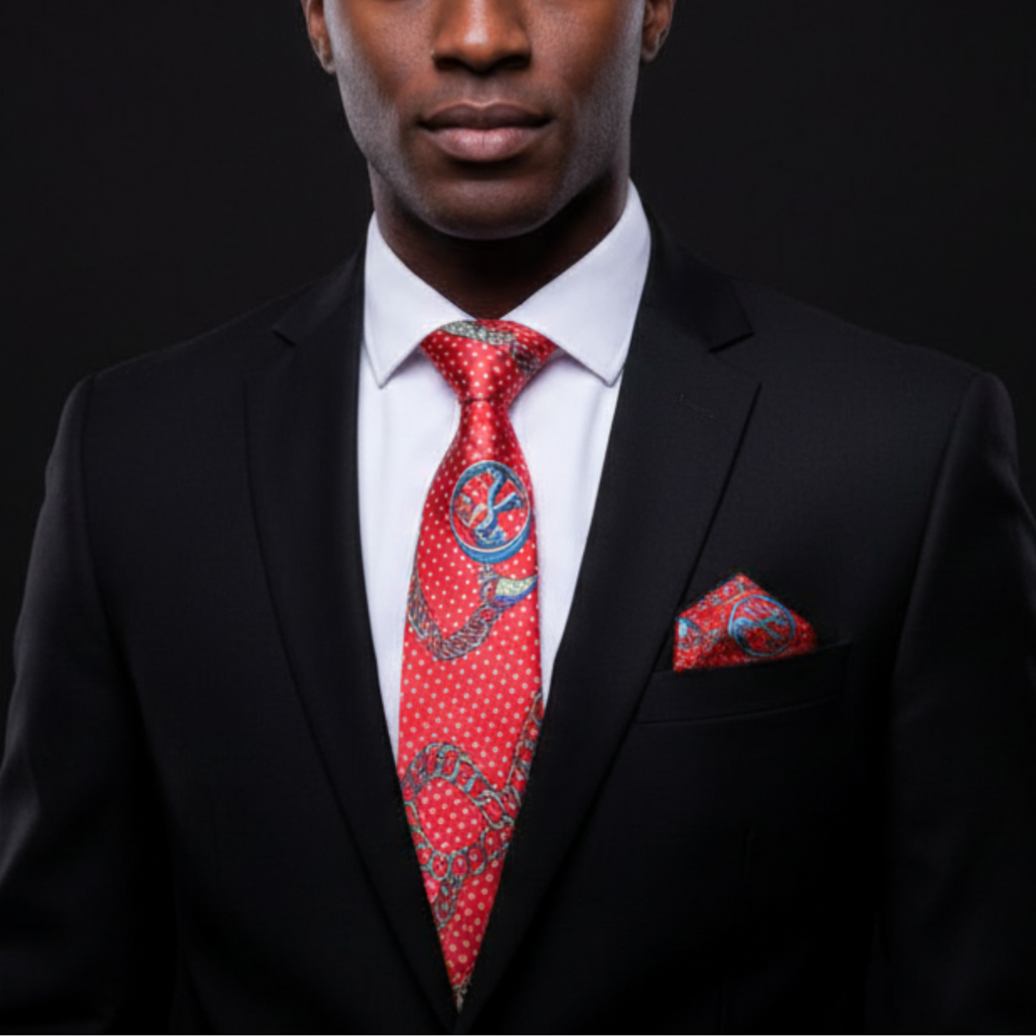 Man wearing a black suit with a red patterned tie and pocket square on a black background