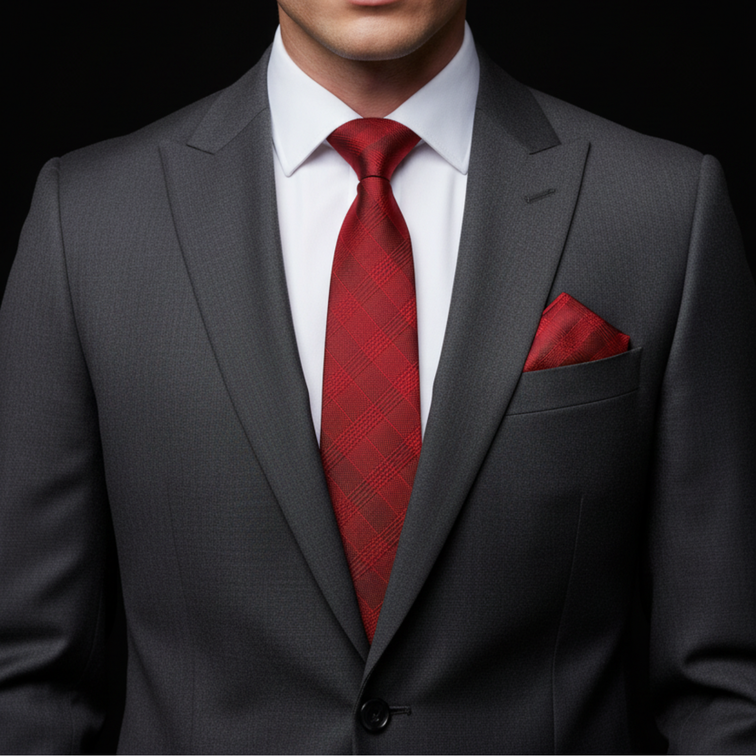 Man wearing a gray suit with a red tie and pocket square on a black background