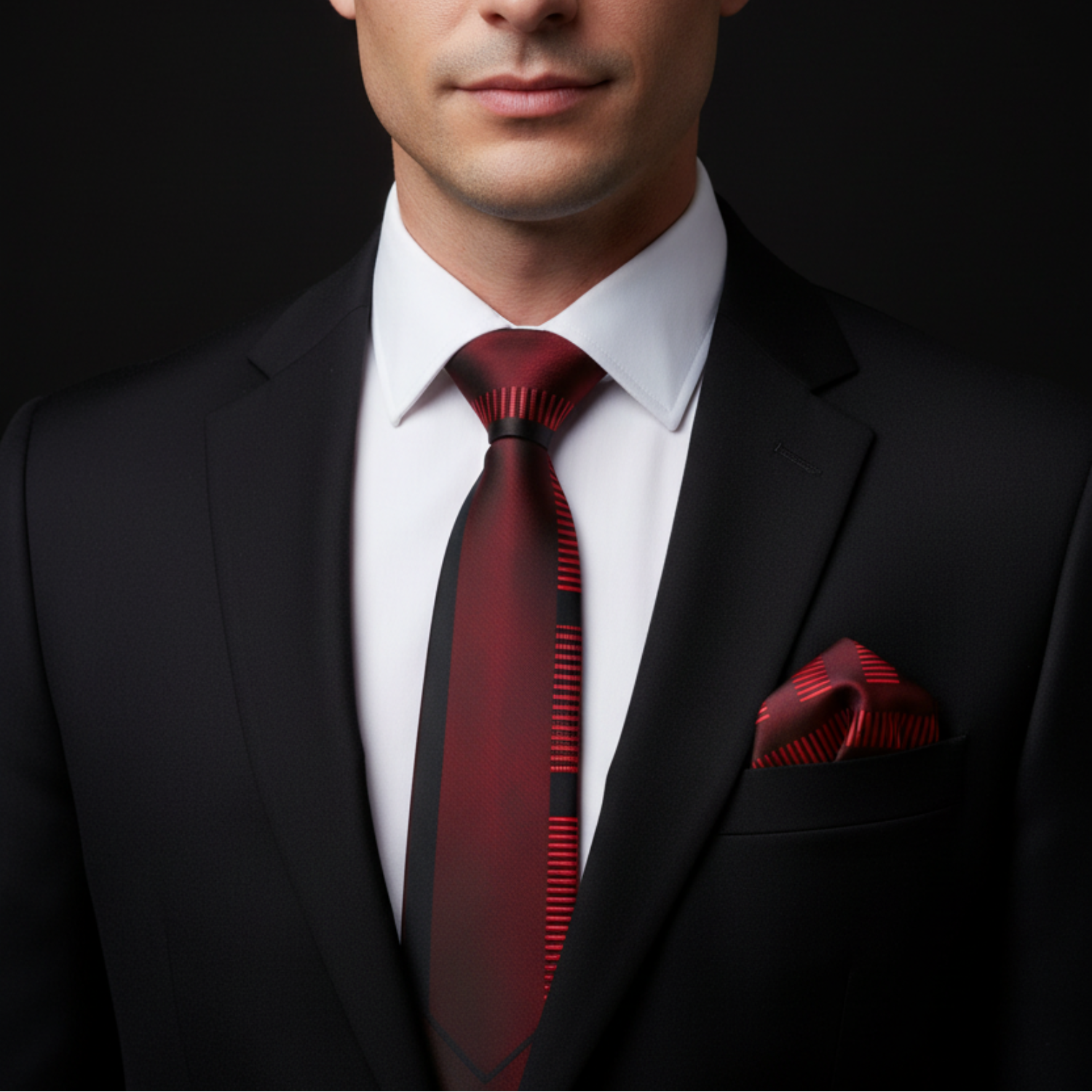 Man wearing a black suit with a red tie and pocket square on a dark background