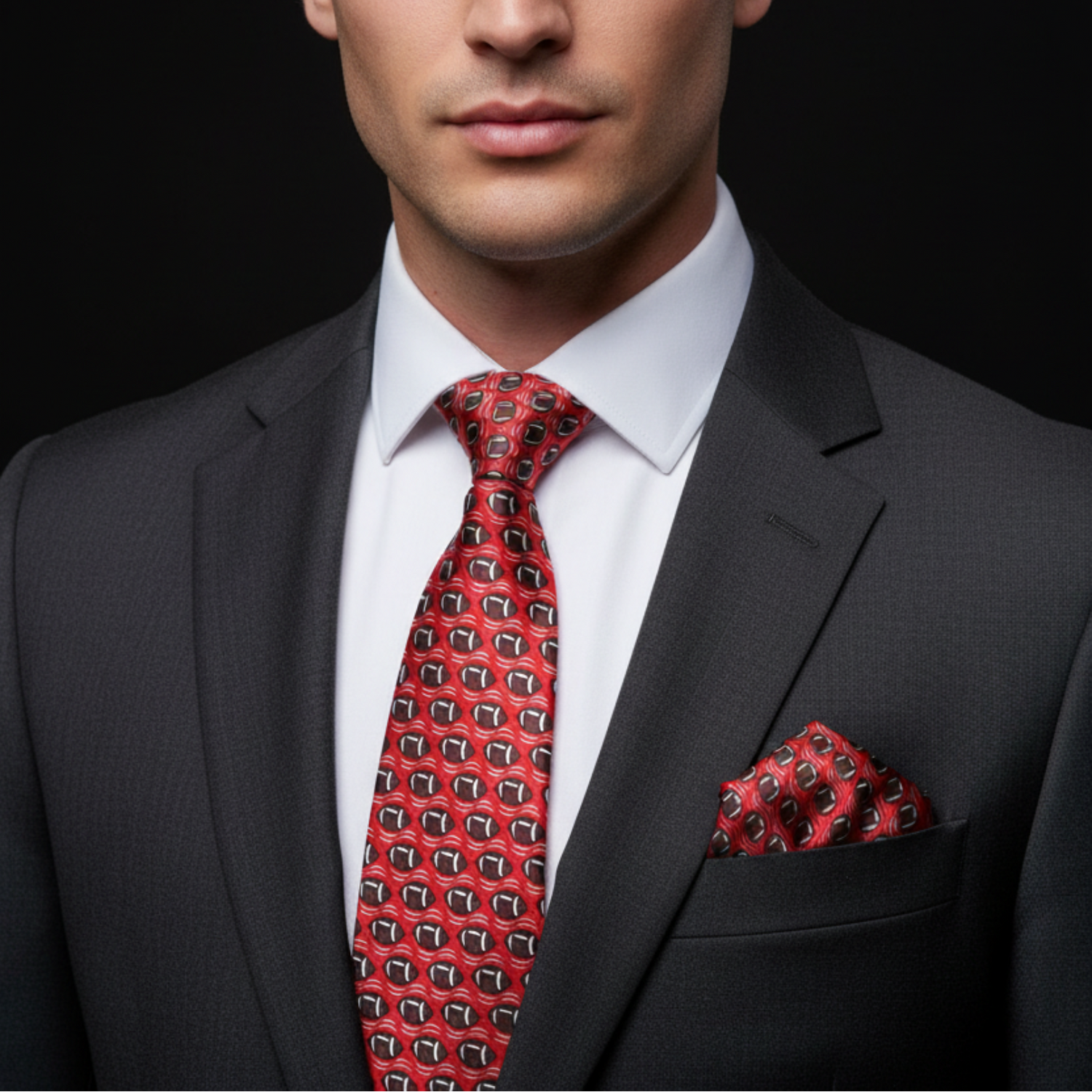 Man wearing a gray suit with a red patterned tie and pocket square against a black background