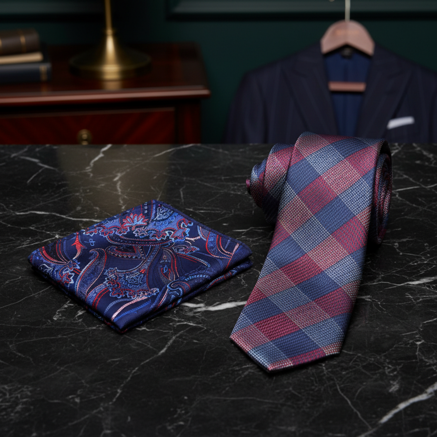 Alt View: Red and Blue Plaid Tie and Blue and Red Paisley Pocket Square