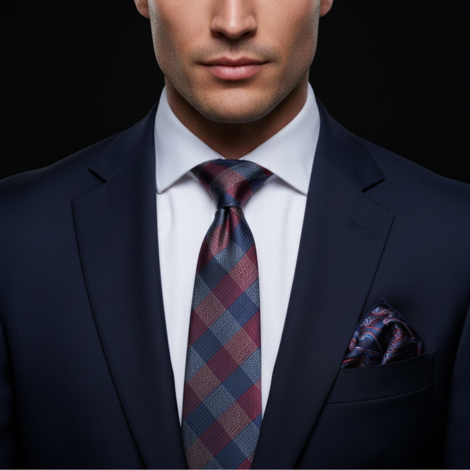 Man wearing blue and red tie and accenting square 