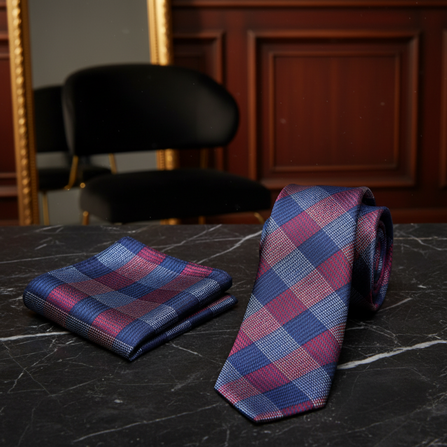 Alt View: Red and Blue Plaid Tie and Blue and Pocket Square