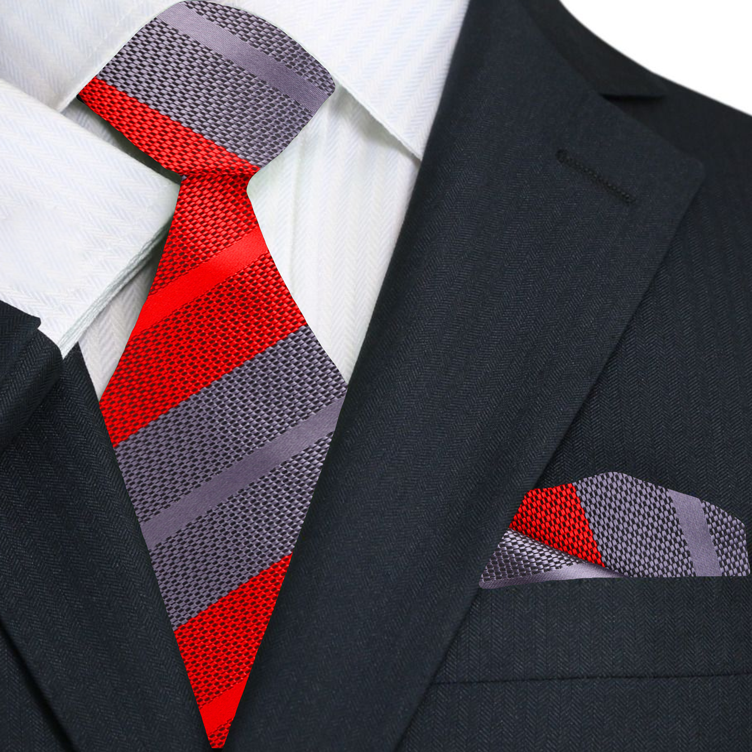 Red, gray, and black striped tie with matching pocket square on a suit.