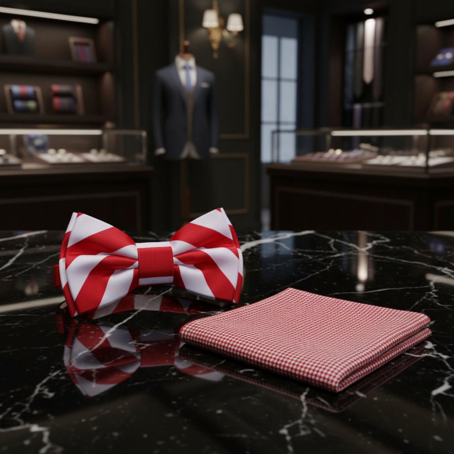 Red, White Block Stripe Bow Tie with Accenting Red Pocket Square