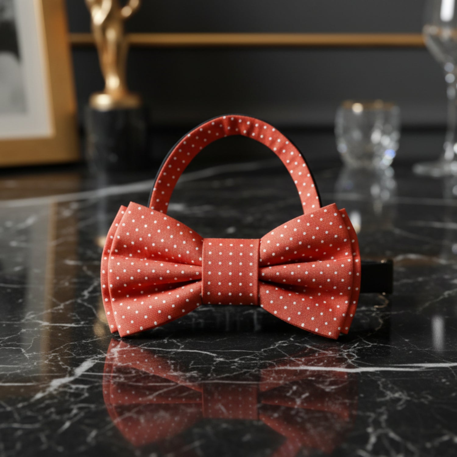 Pre Tied: Reddish Orange with White Dots Bow Tie 