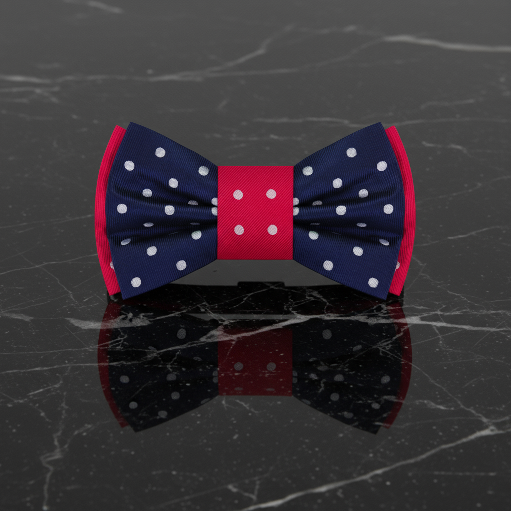 Double Sided Blue, Grey, Red Polka Dot Bow Tie Pre Tied