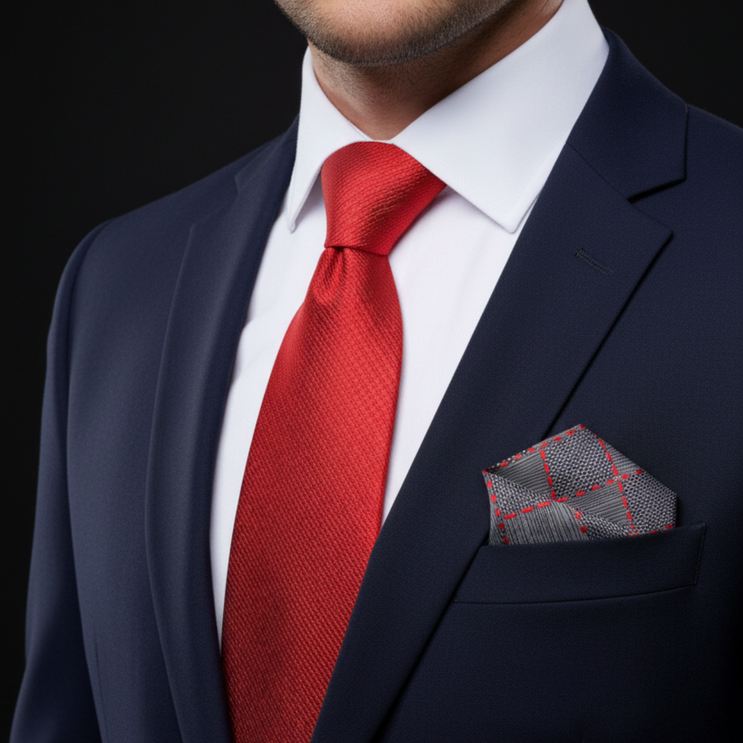 Man wearing red tie with accenting grey and red geometric square