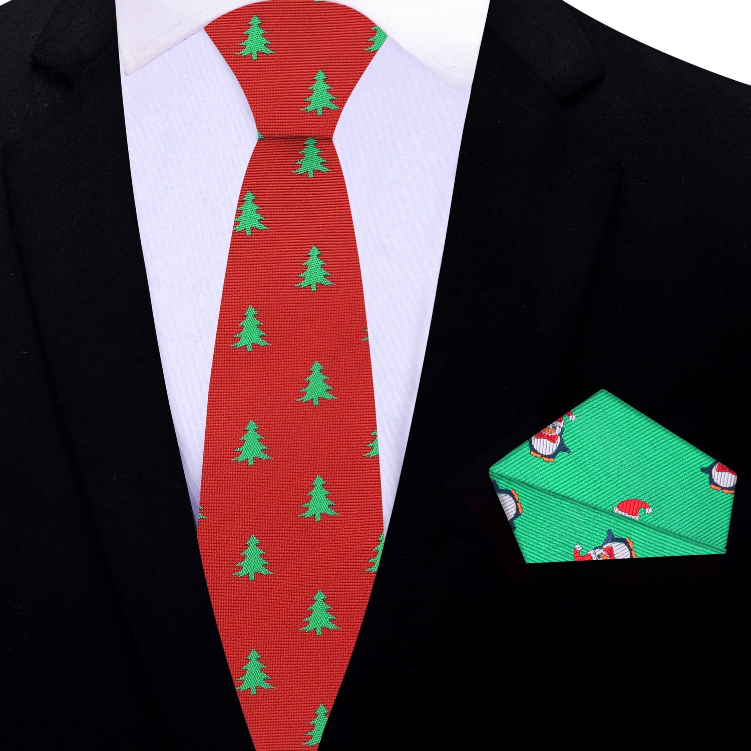 Thin Red Silk with Green Christmas Trees Tie and Accenting Square