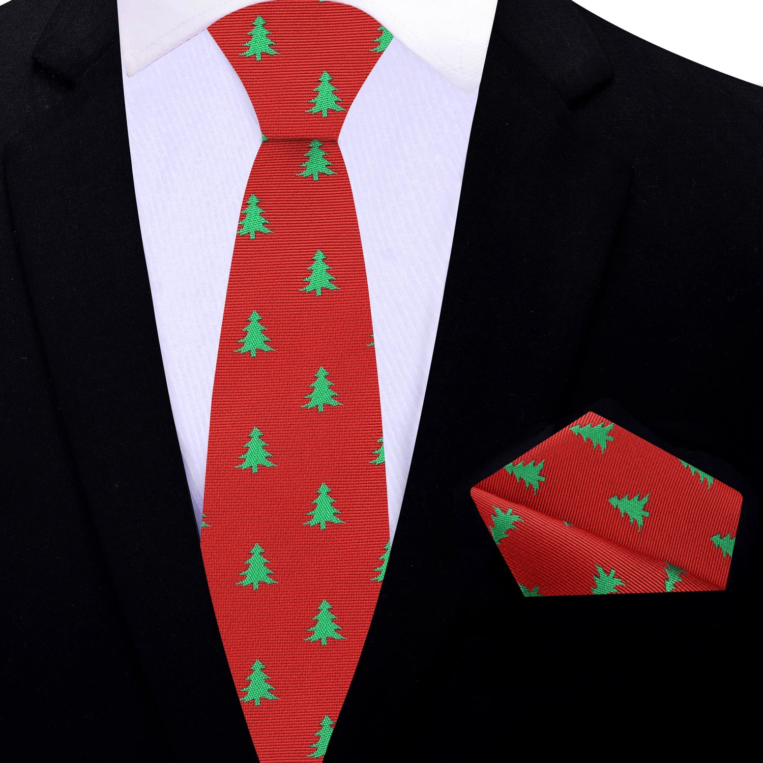 Thin Tie: Red Silk with Green Christmas Trees Tie and Pocket Square