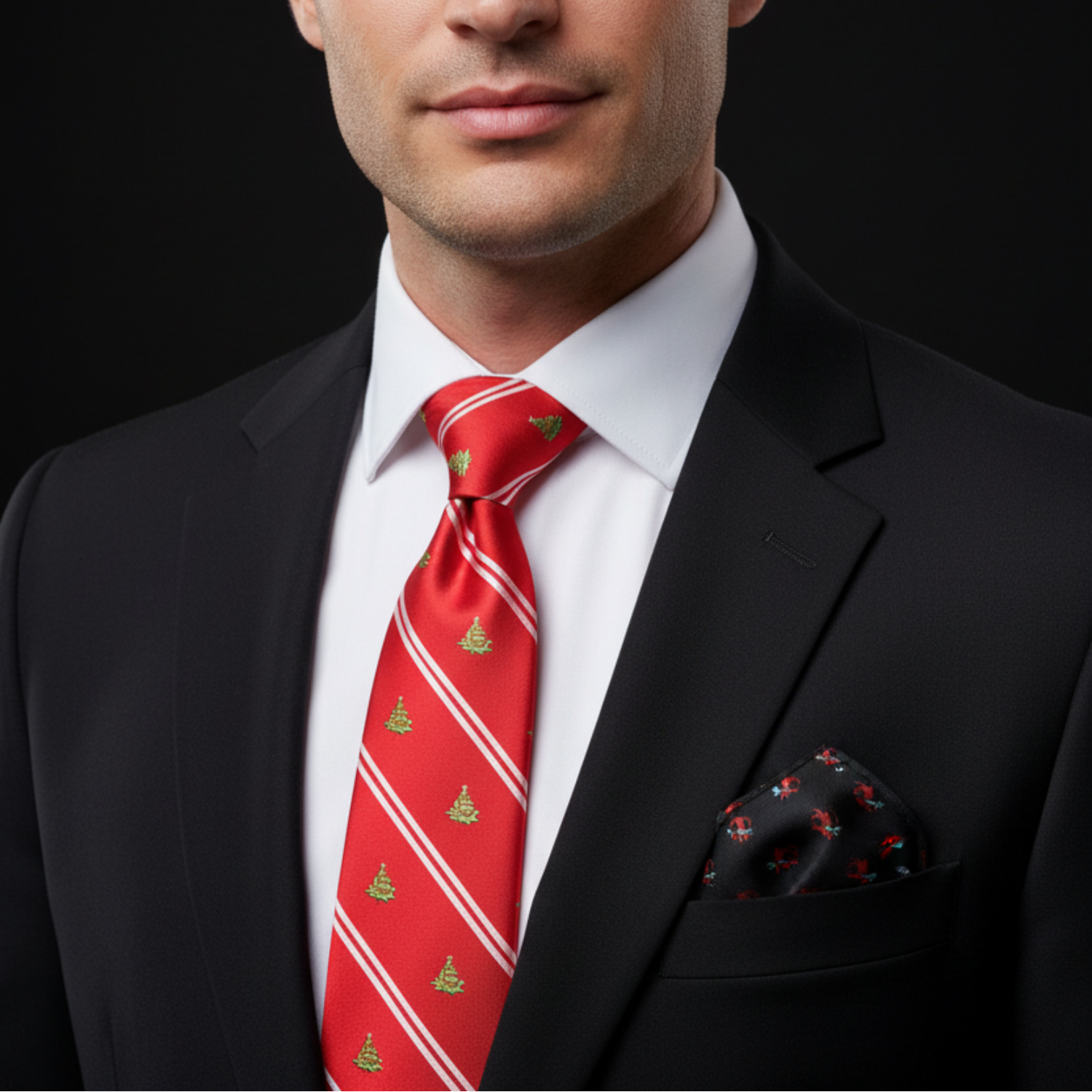 Red Christmas Tree Necktie | Red with White Stripe & Holiday Trees