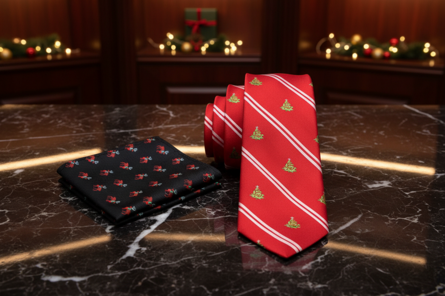 Alt Red, White, Green Stripe and Christmas Tree Tie and Pocket Square