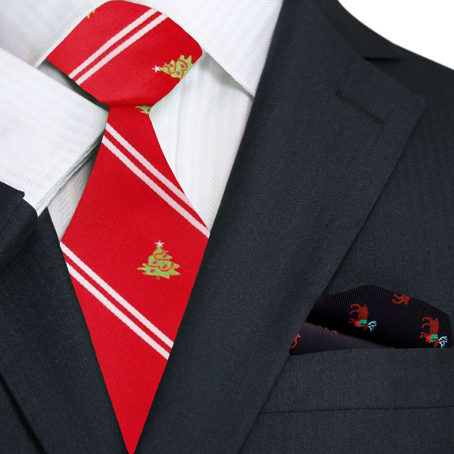 PREMIUM Red, White, Green Stripe and Christmas Tree Tie and Pocket Square