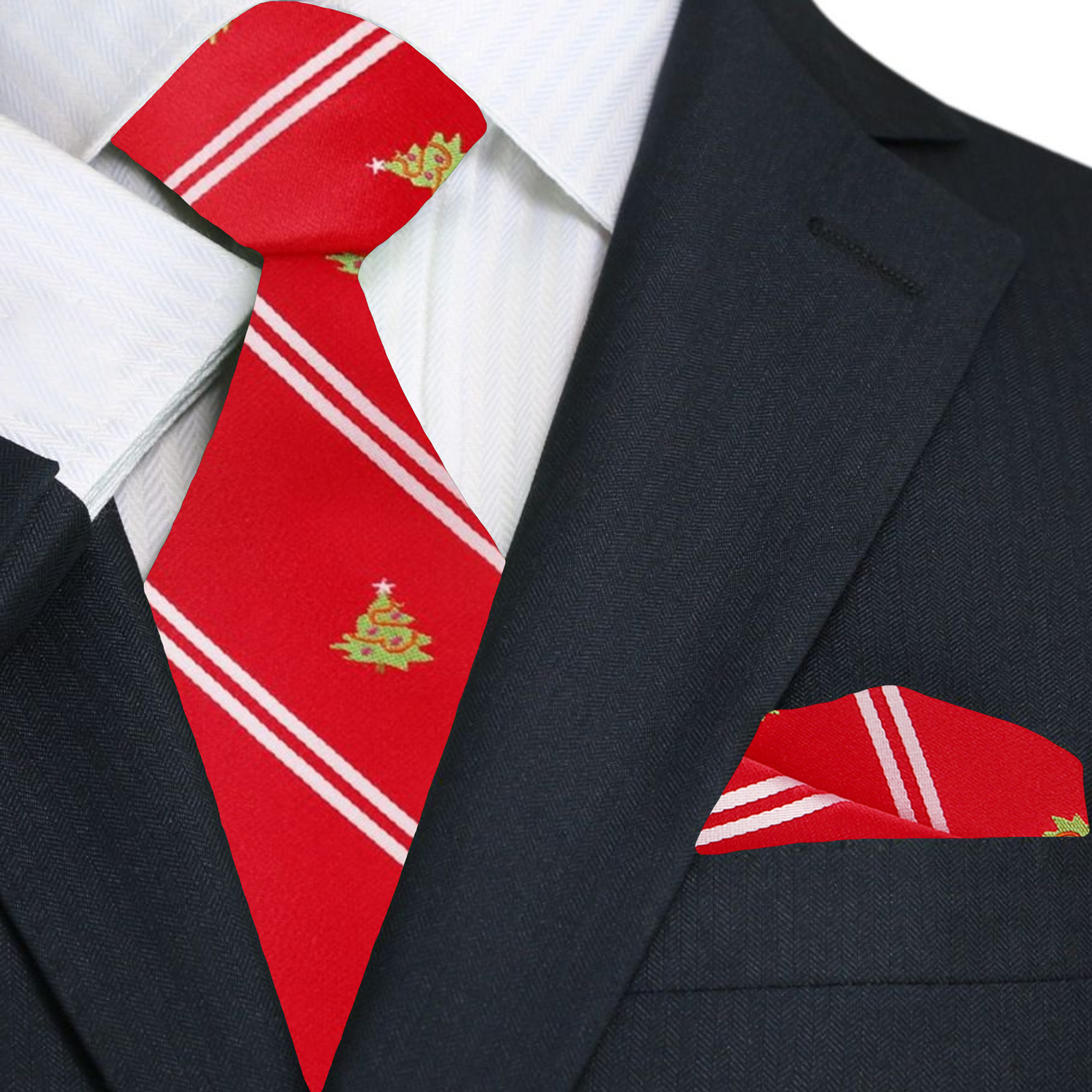 Premium Red, White, Green Stripe and Christmas Tree Tie and Pocket Square