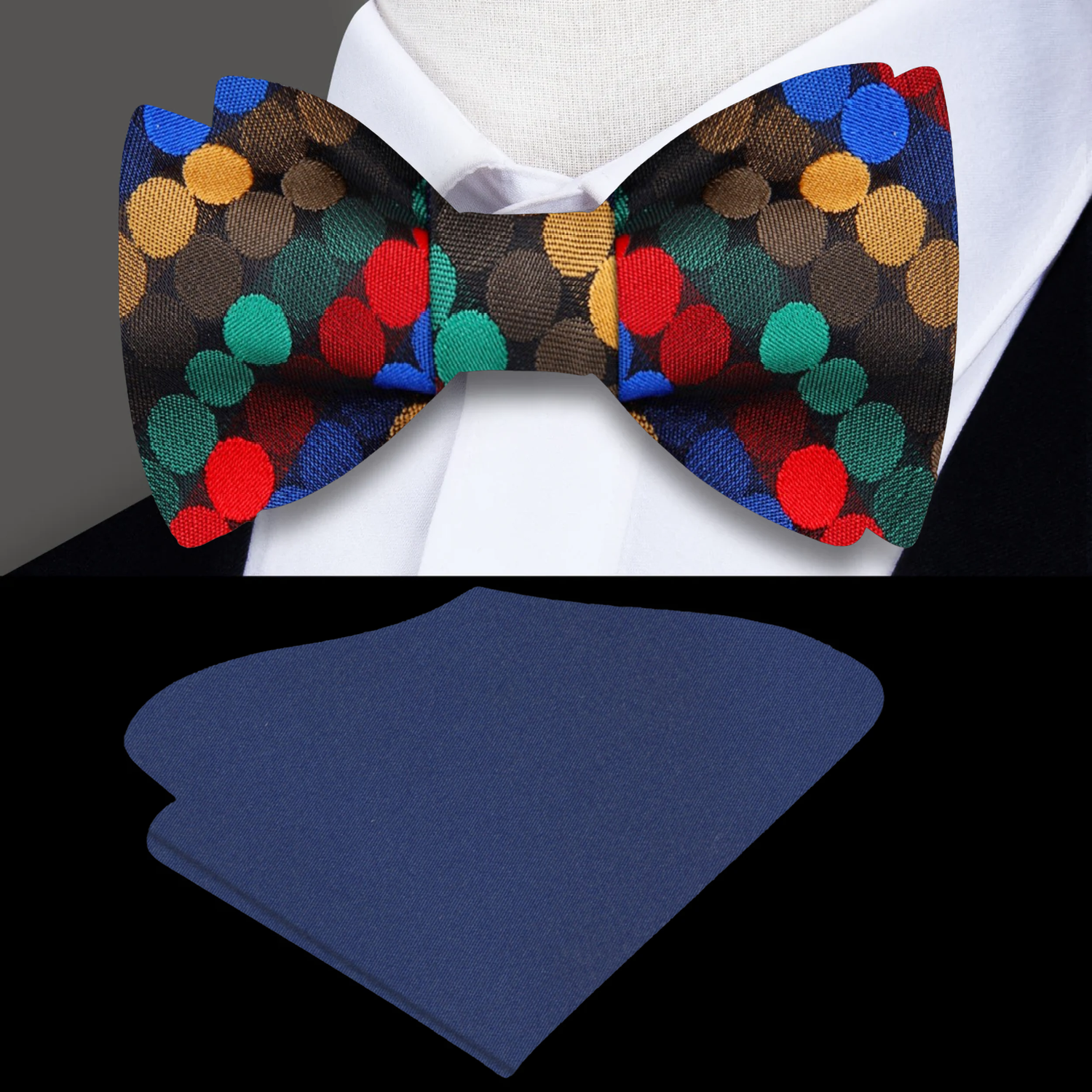 Red with Multi Colored Dots Bow Tie and Dark Blue Square