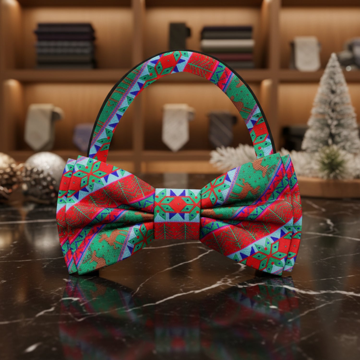Red, Green, Brown Reindeer Pre Tied Bow Tie