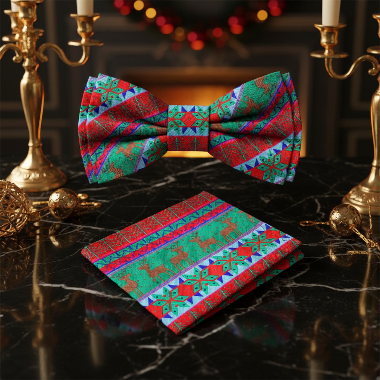 Red, Green, Brown Reindeer Bow Tie and Square
