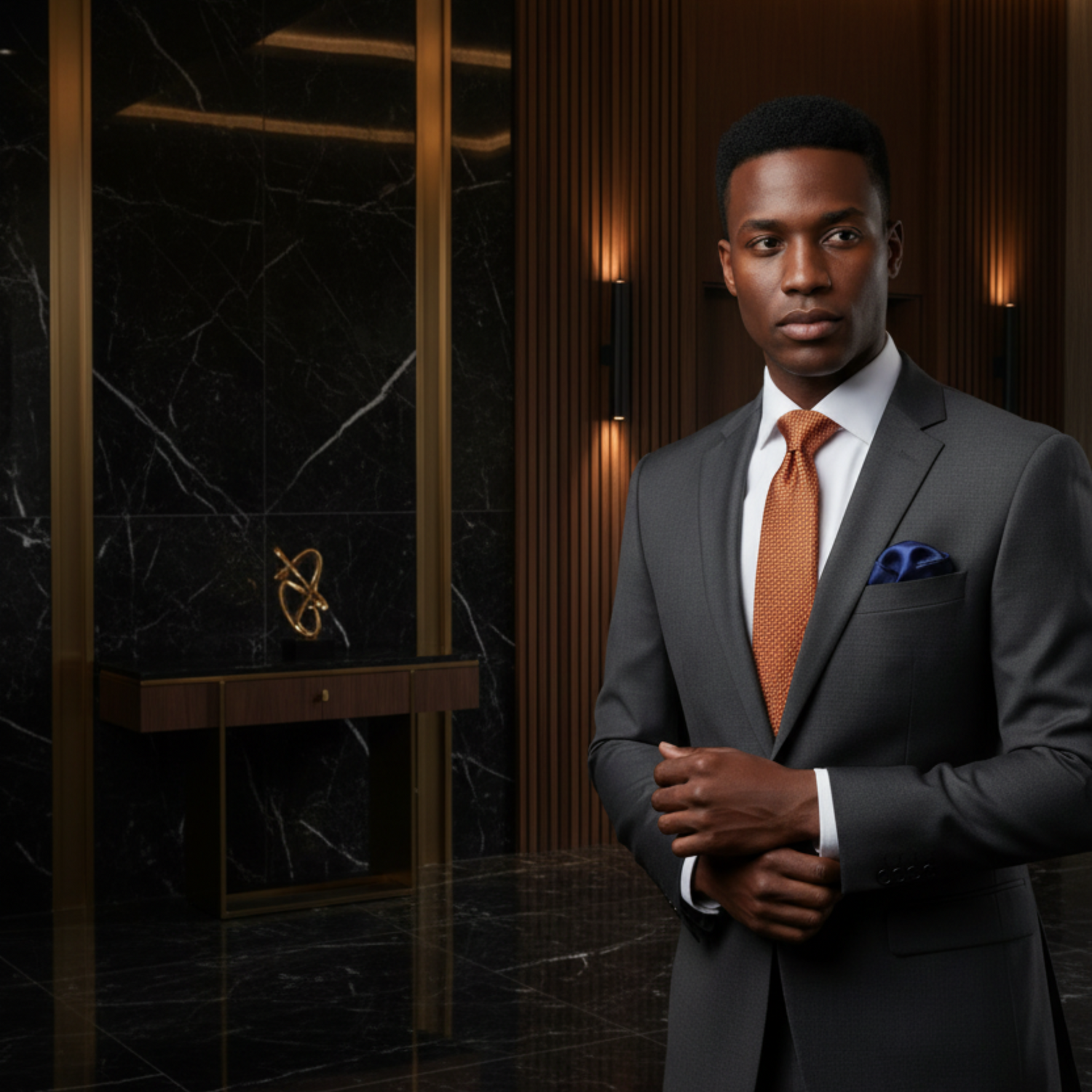 Man in a gray suit with an orange tie standing in a luxurious interior setting.