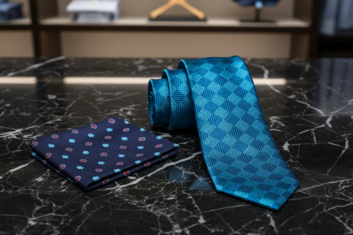 Alt View: Rich Cyan Blue Geometric Diamonds Tie and Accenting Floral Square