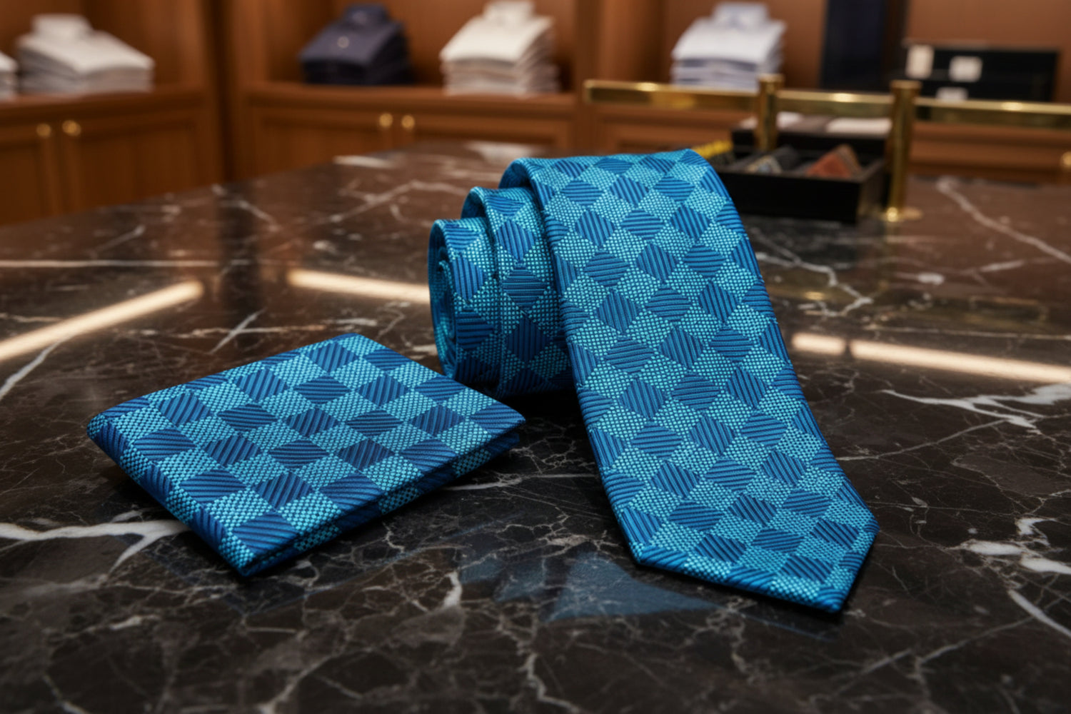 Alt View: Rich Cyan Blue Geometric Diamonds Tie and Square