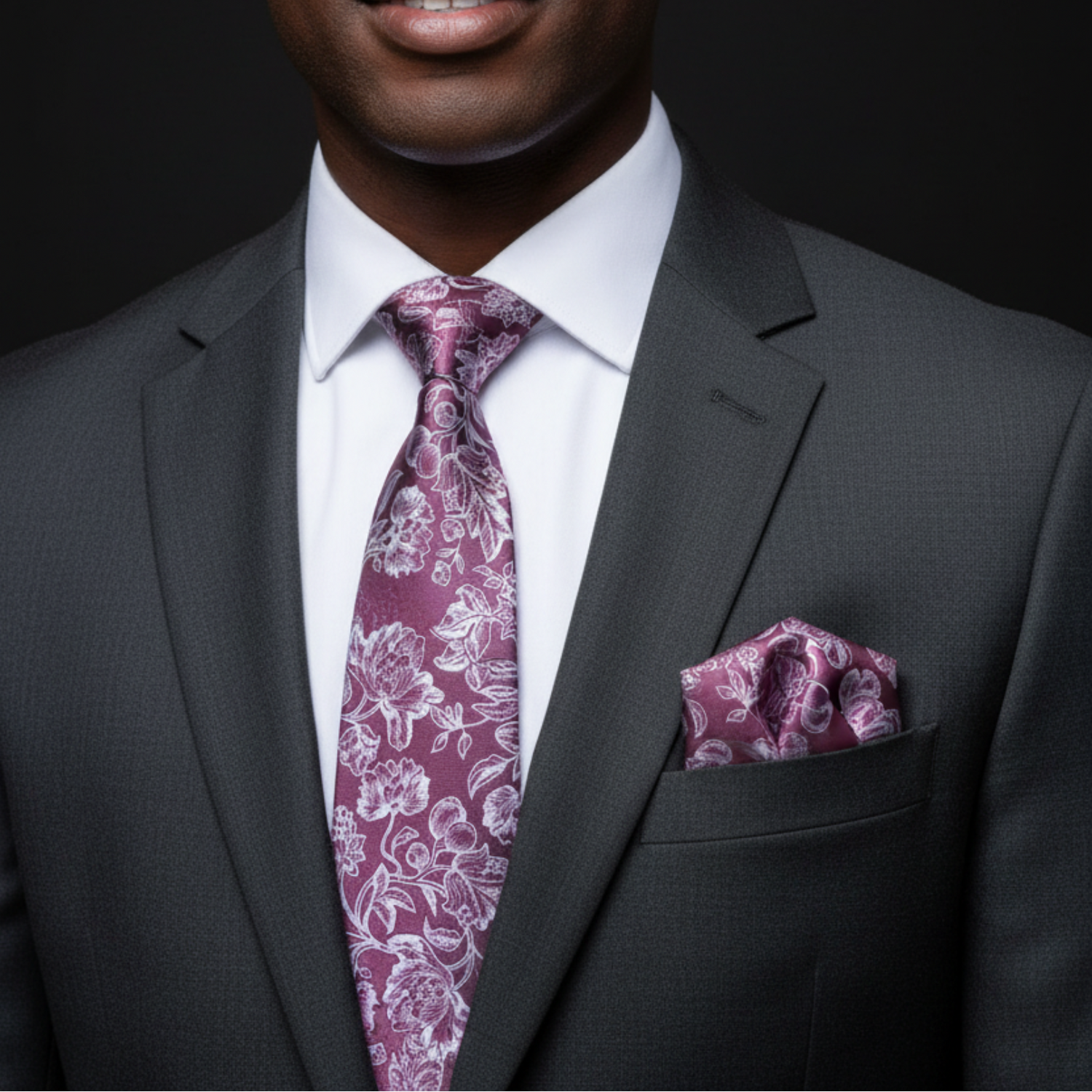 Mauve White Floral Tie and Square on man