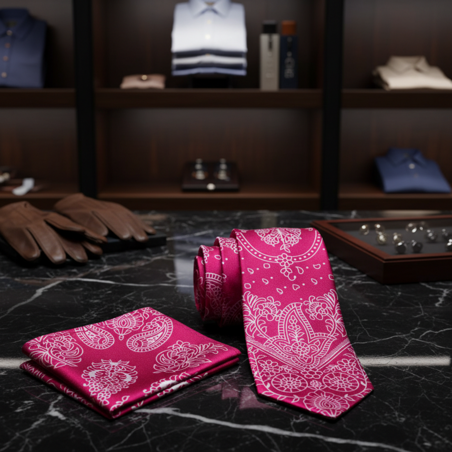 Alt Pink White Paisley Tie Set||Raspberry