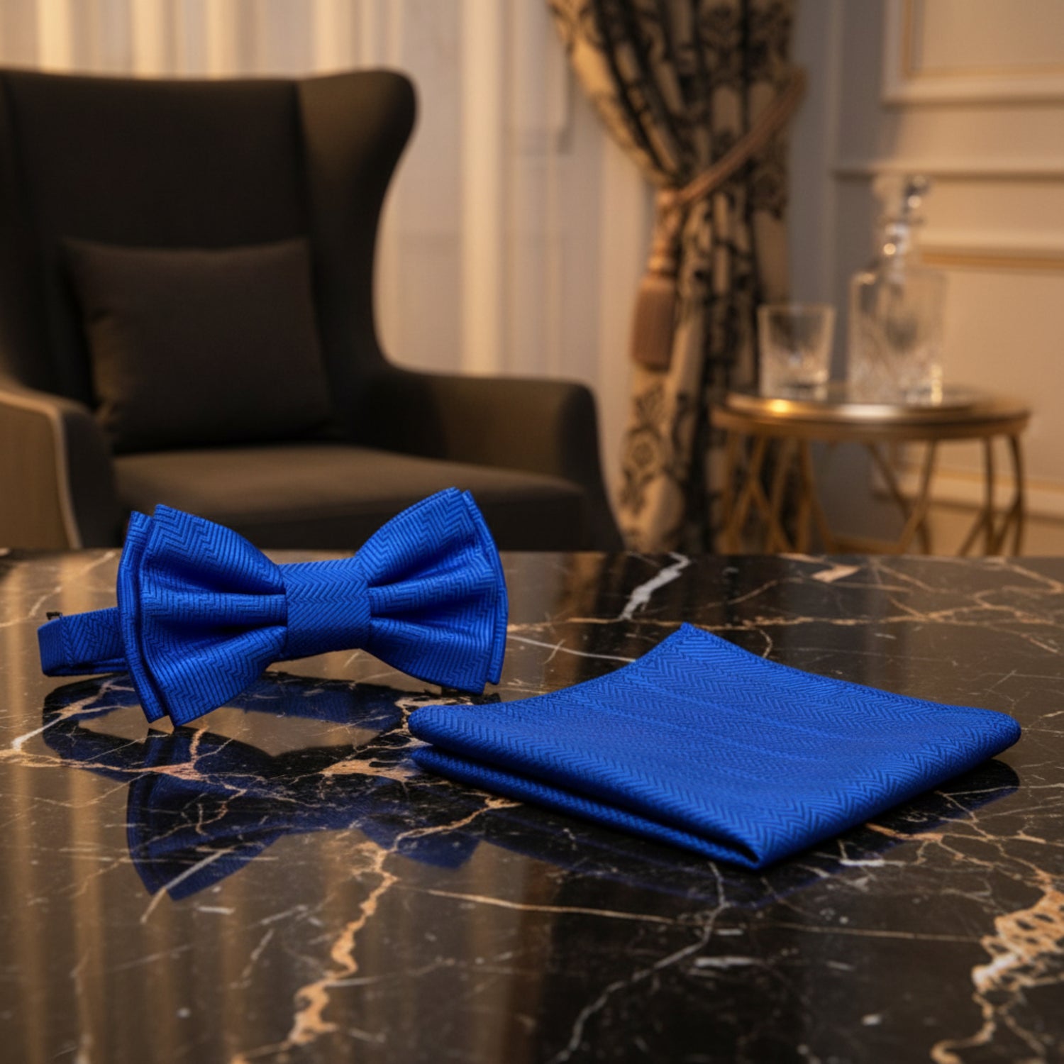 blue bow tie and square on table