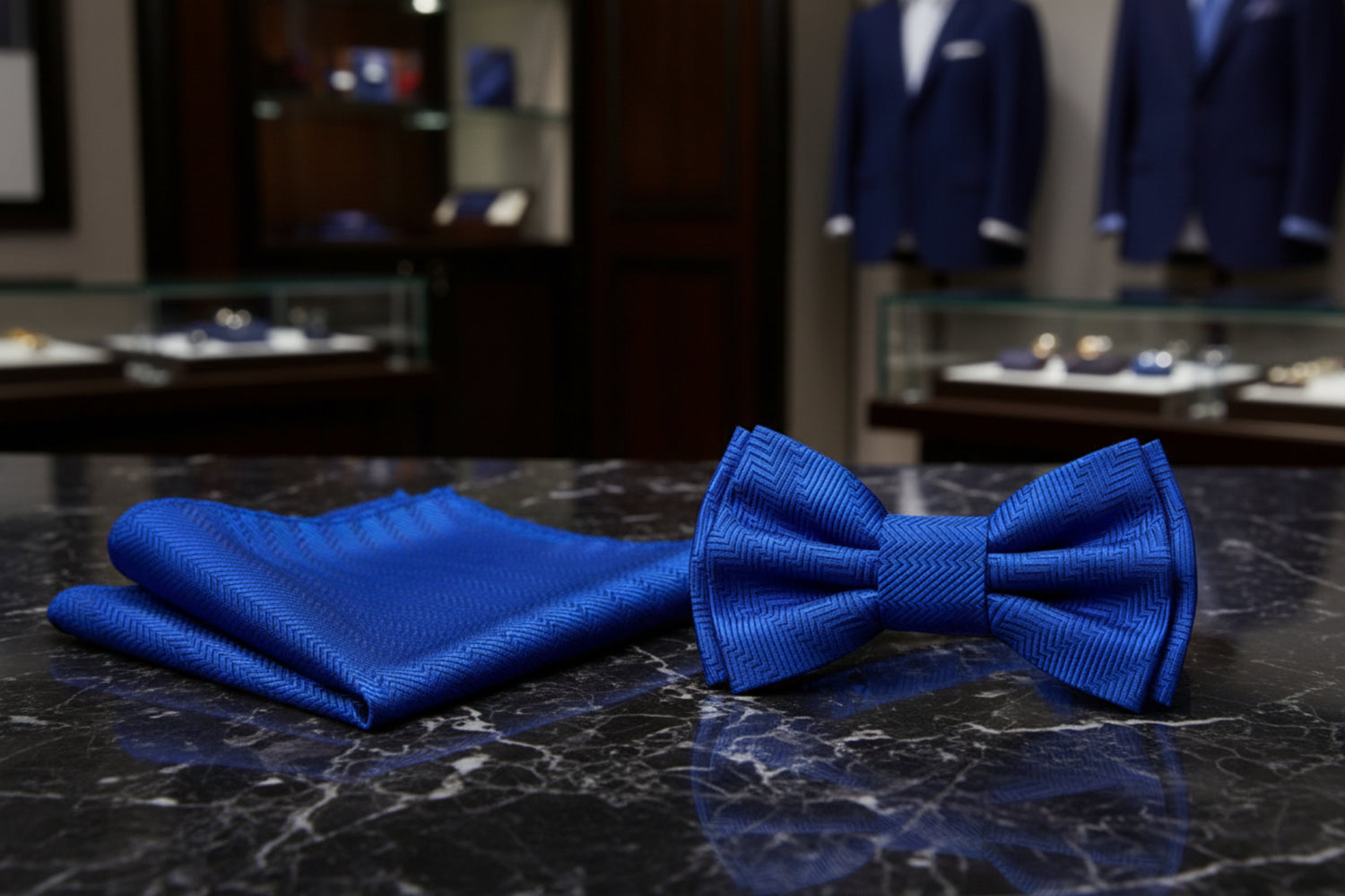 A Solid Rich Royal Blue Color with Lined Texture Pattern Kids Pre-Tied Bow Tie, Matching Pocket Square 2