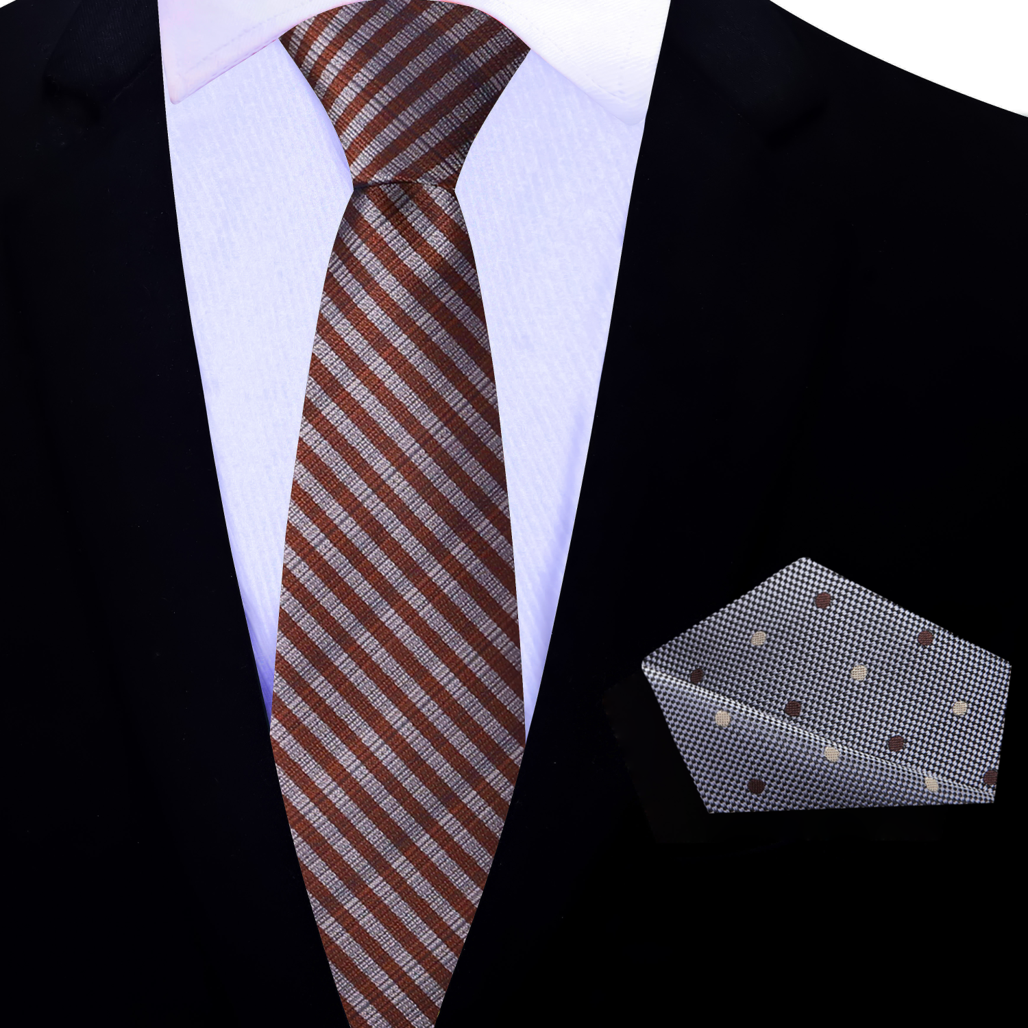 Brown striped thin tie and matching pocket square on a suit.