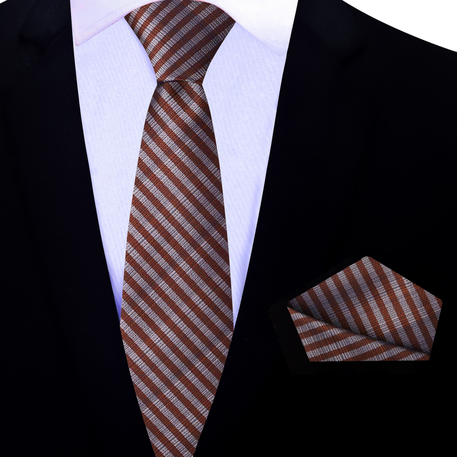 Brown and white striped thin tie and matching pocket square on a black suit jacket.